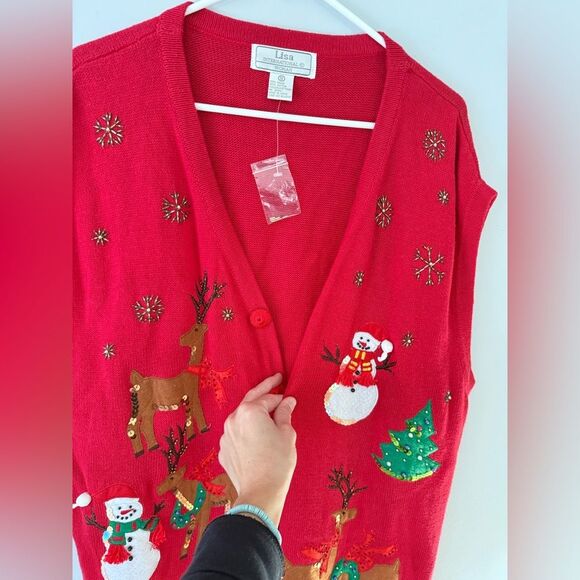 VTG Lisa International Festive Red Christmas Sweater Vest Snowman Reindeer 1X - Picture 3 of 7